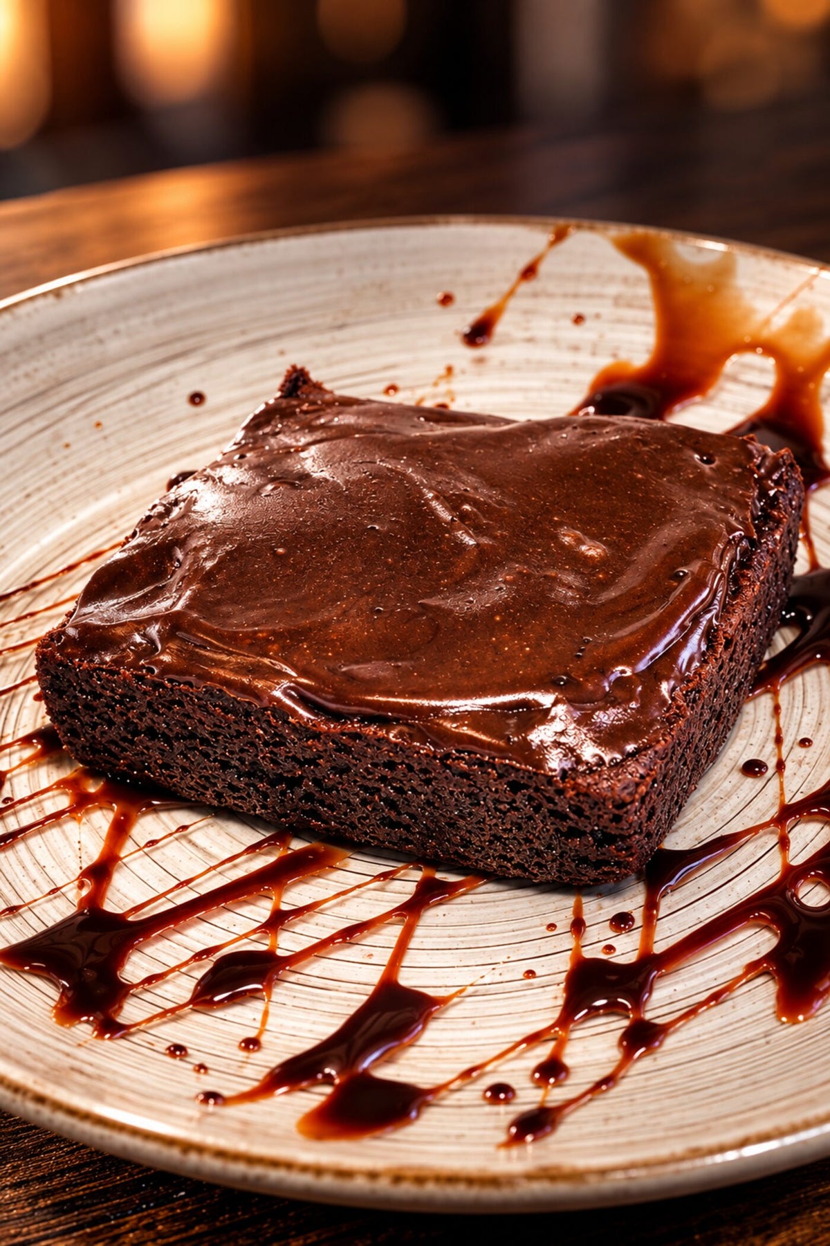 Triple chocolate brownie plated with chocolate sauce at Frato's Culinary Kitchen in Schaumburg