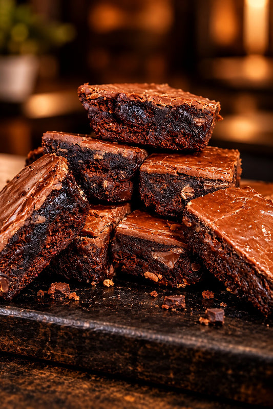 Stack of Frato's triple chocolate brownies showing the fudgy center and chocolate chunks